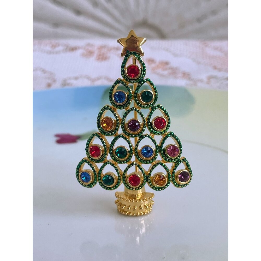 Vintage 1980s Goldtone Rhinestone Christmas Brooch - Picture 1 of 6